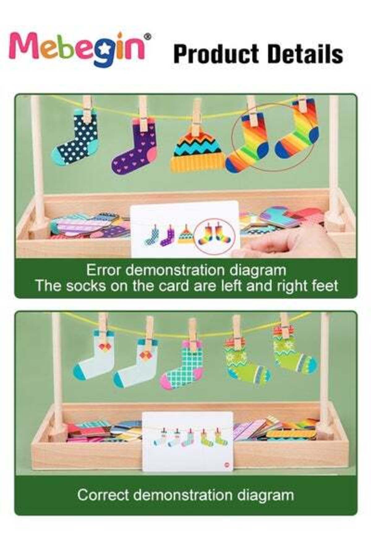 MEBEGIN-Funny Sock Drying Game Sock Pairing Toy Set Wooden Pairing Socks Puzzle with Storage Box & 20 Cards 4