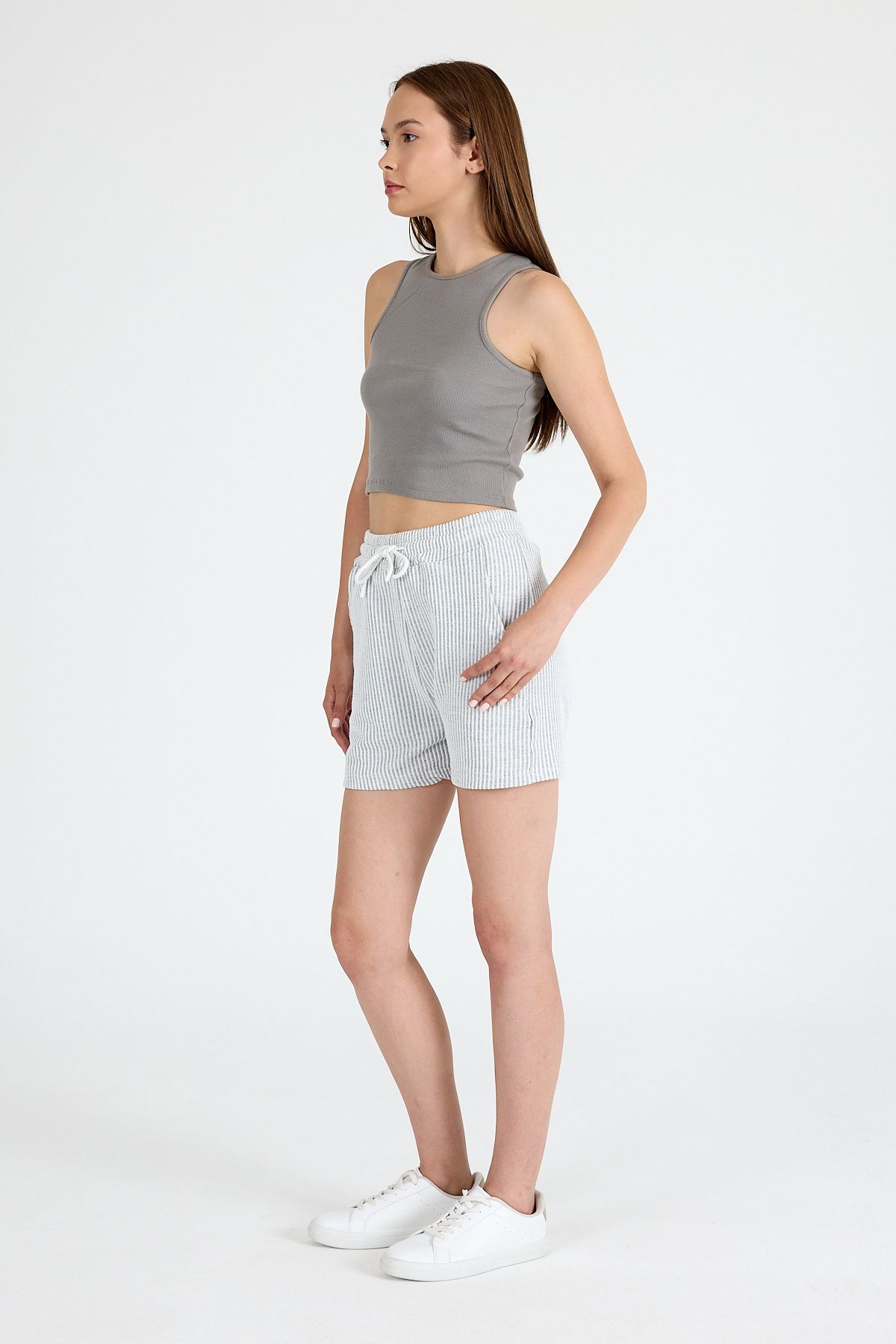 Rays-Pantaloni scurți gri cu talie elastică cu dungi 4094 2