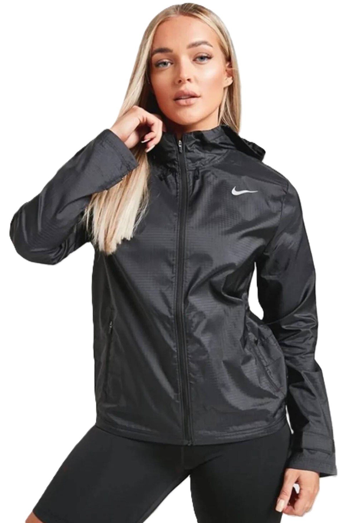 Nike Essential Running Full Zip Jacket Kapüşonlu Bol Cepli Kadın Koşu Ceketi Siyah