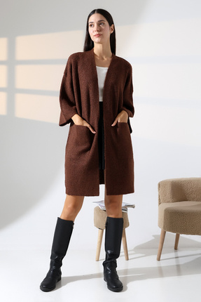 ALCHON V Yaka Fitilli Selanik Örgü Çift Cepli Yarım 3/4 Kollu Midi Boy Kışlık...