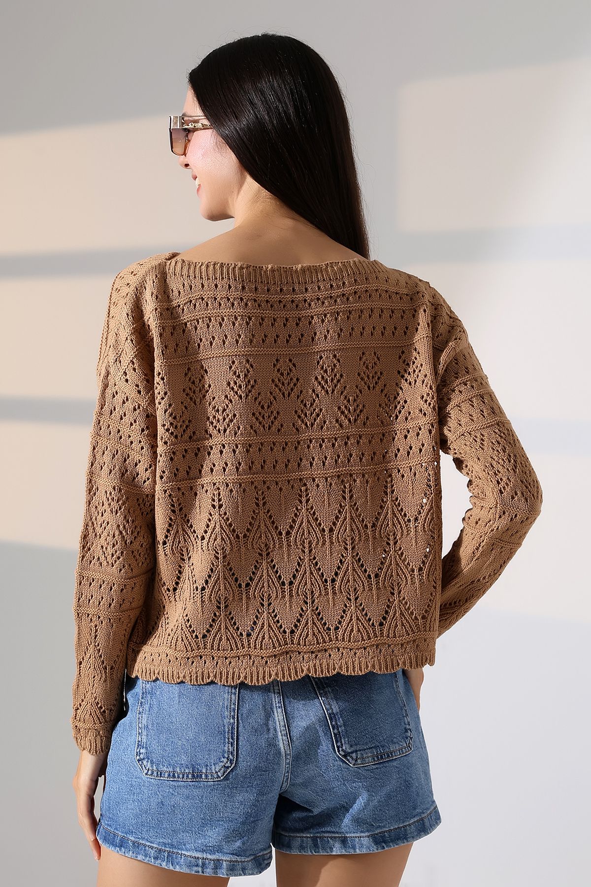 ALCHON-Kayak Wide Wave Collar Long Sleeve Openwork Hollowed Out Walked Flower Pattern Spring Knitwear Sweater 2