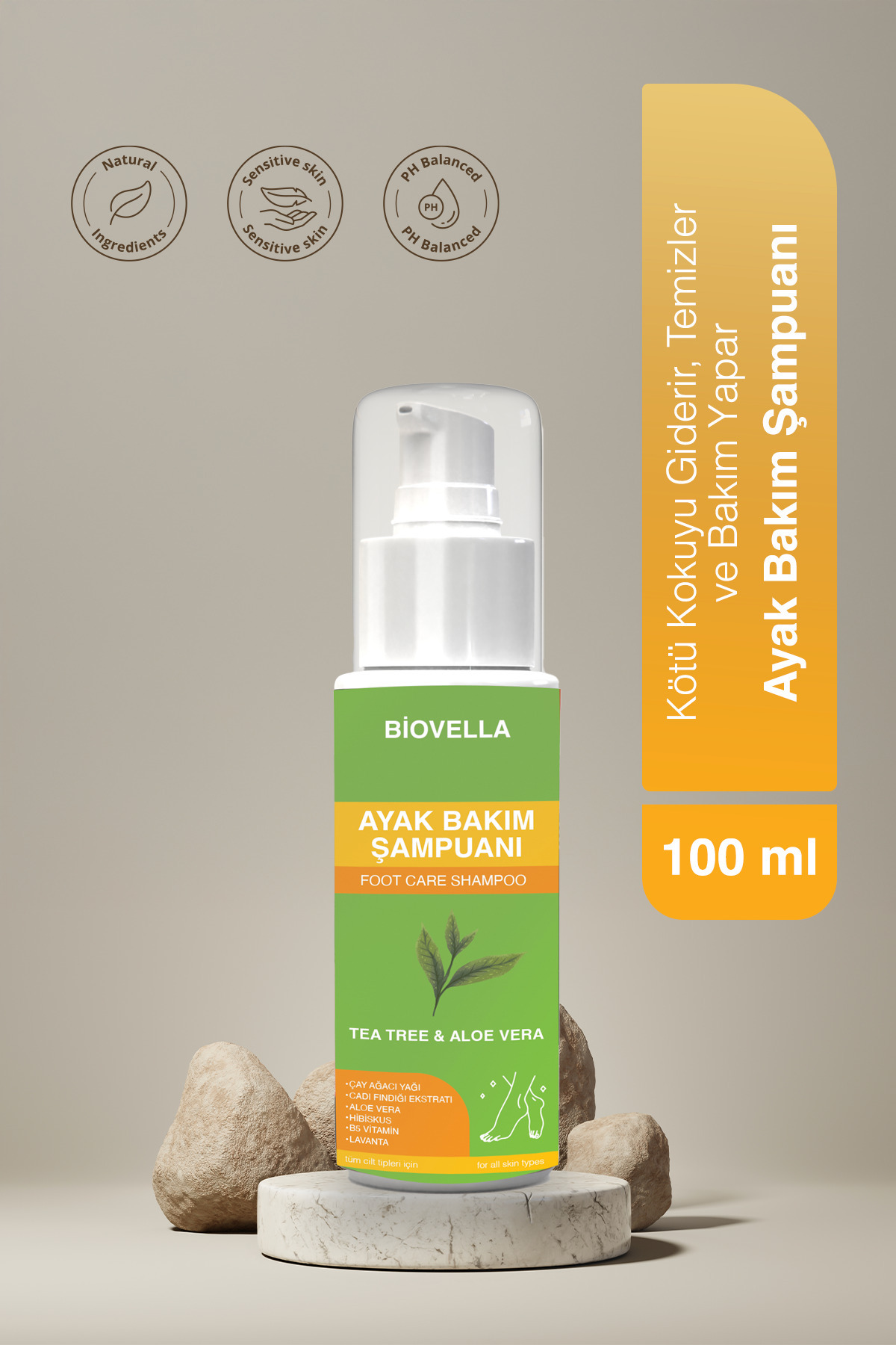 BİOVELLA Ayak Kokusu Giderici Nemlendirici Çay Ağacı Ve Doğal Özlü Köpüklü Ayak Bakım Şampuanı 100ml