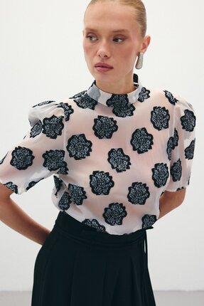 Sateen Organze Kısa Kol Bluz - Siyah