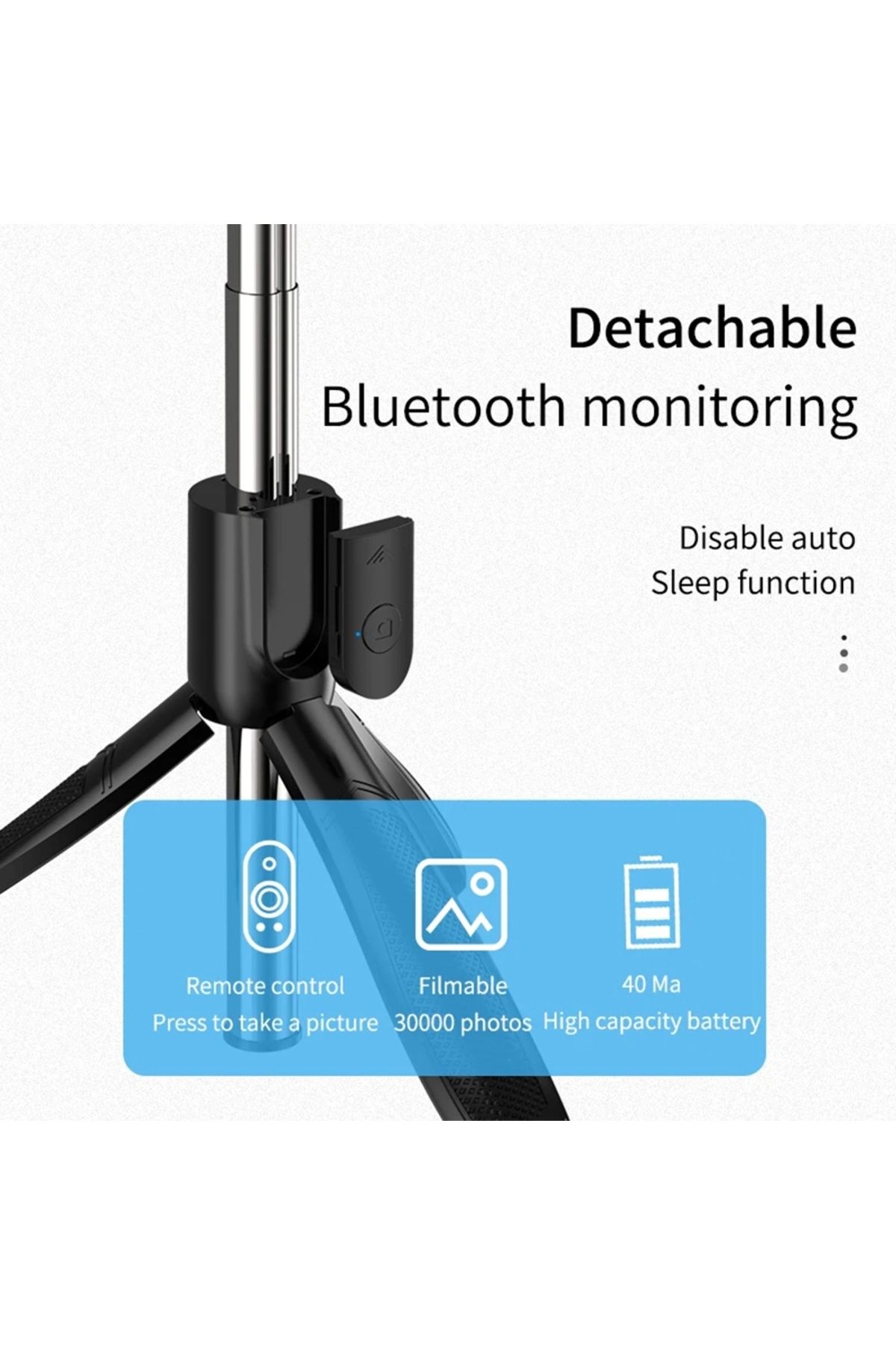 Techsuit-Stick selfie cu telecomandă și lumină LED, mod repaus, 70 cm - (S01-S) - Negru 3