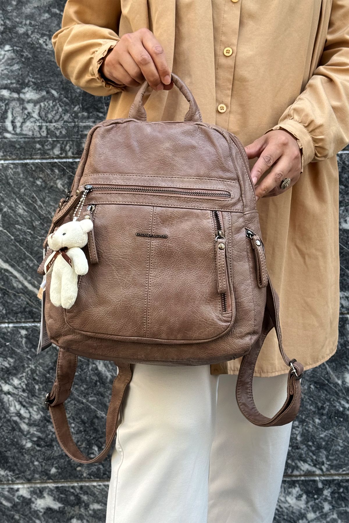 POLO CLUB-Women's Washed Leather 4 Compartment Medium Size Backpack 4