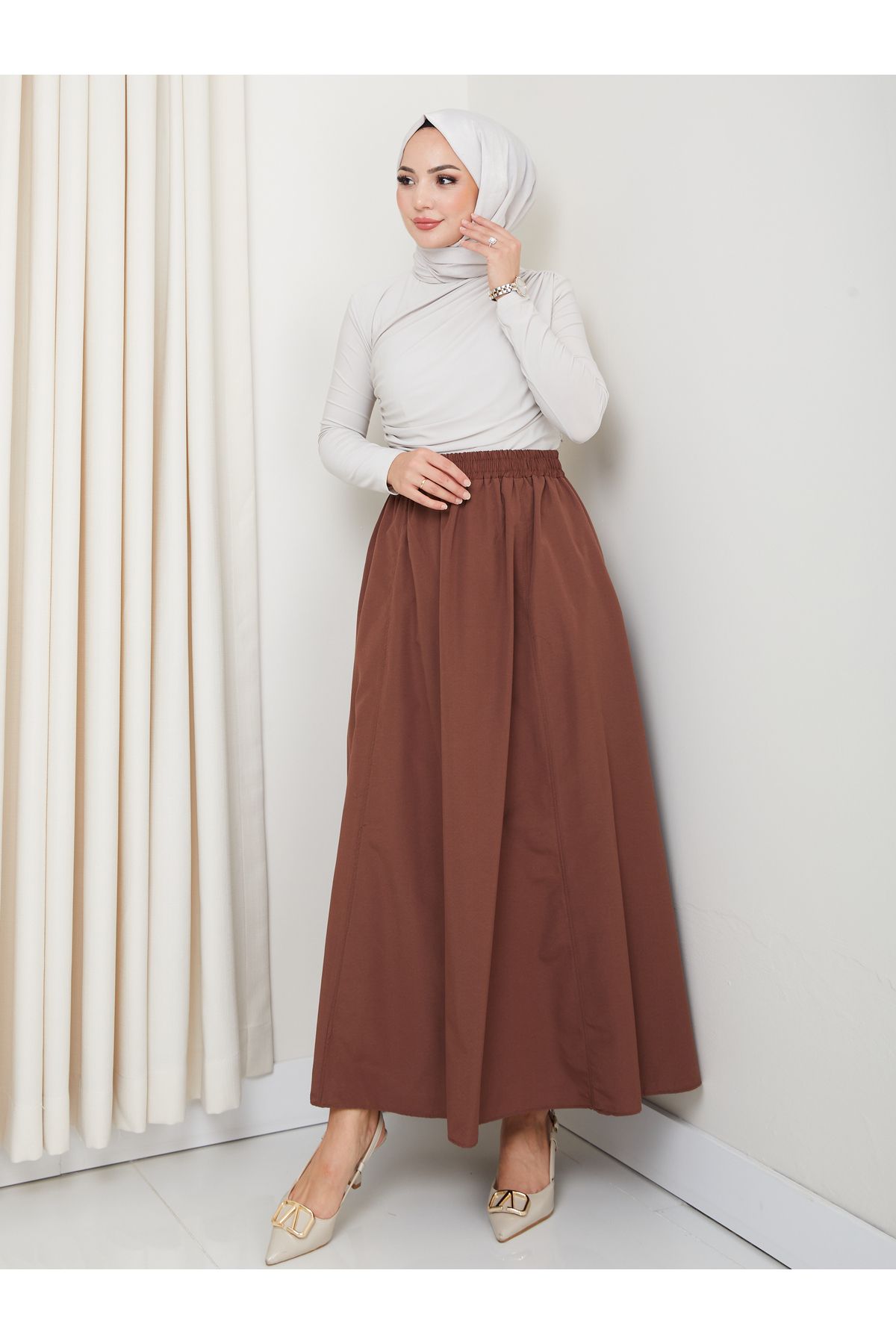 FERHEL-6 Piece Flared Hijab Skirt with Pockets and Elastic Waist 5