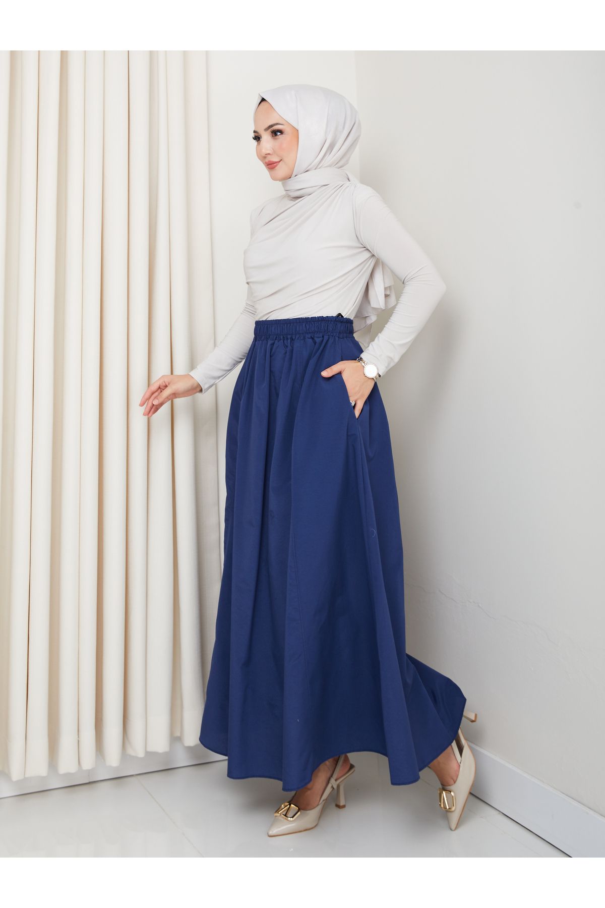 FERHEL-6 Piece Flared Hijab Skirt with Pockets and Elastic Waist 4