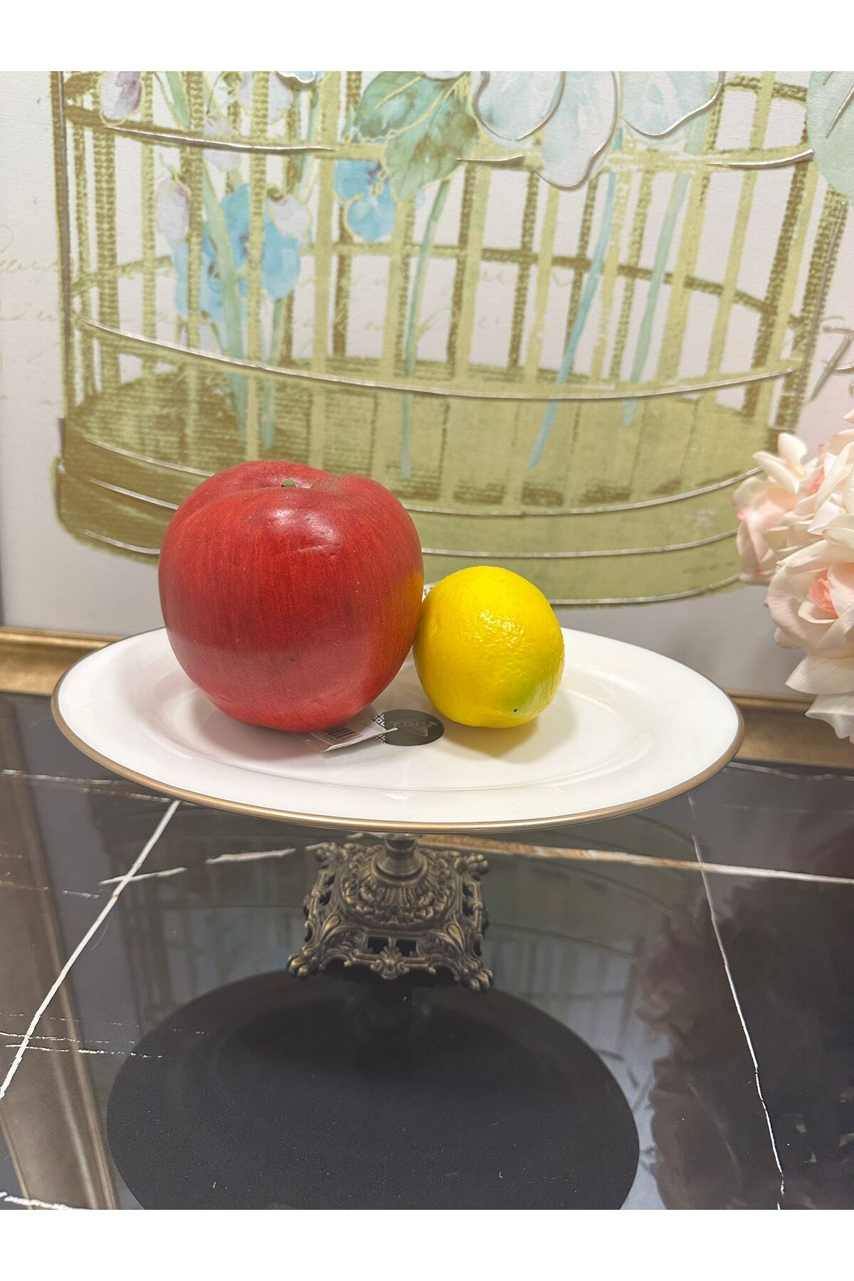 Antik Bold Yaldızlı Kulplu Porselen Ayaklı Sunumluk 30*22 cm