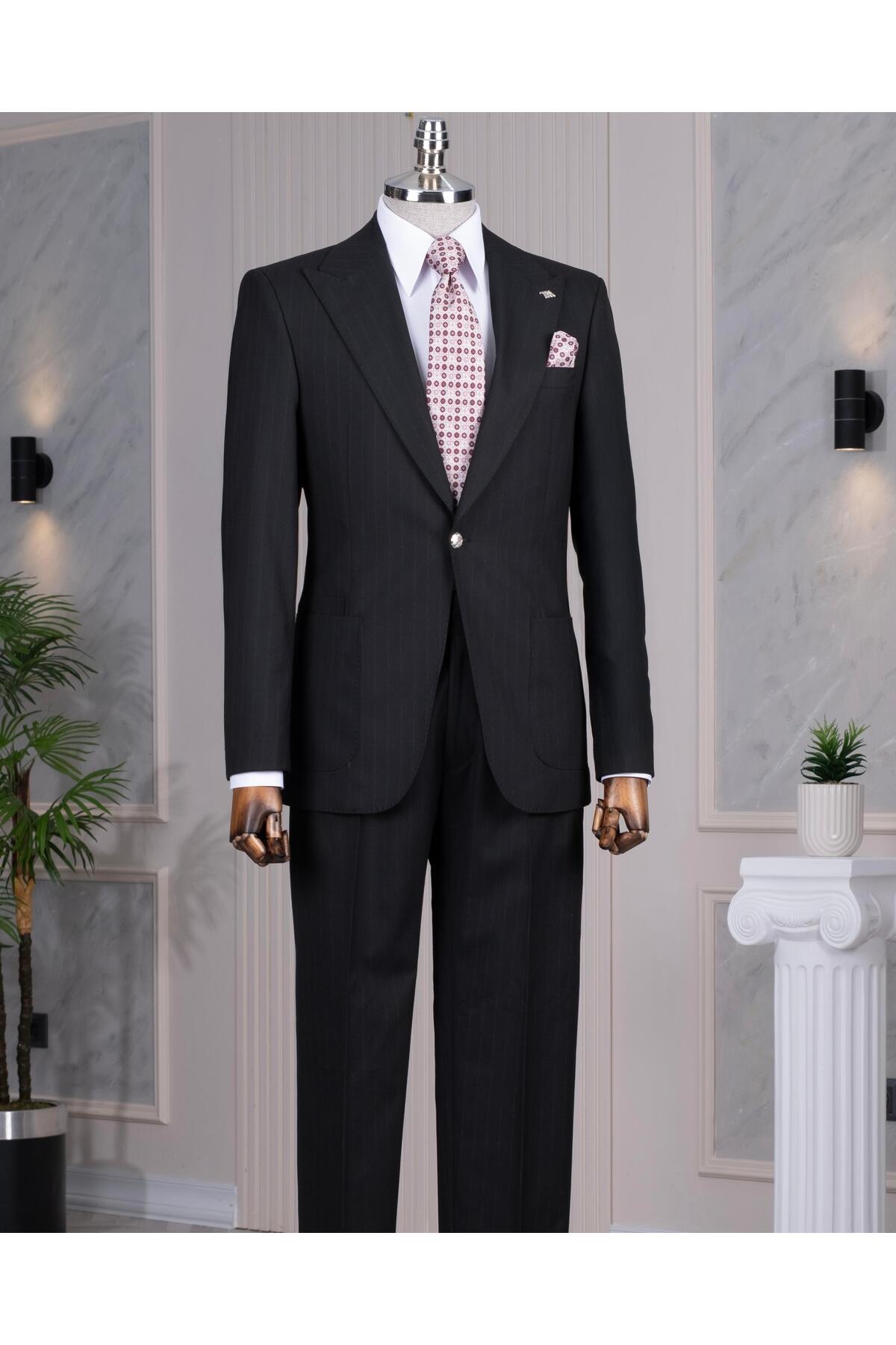 TerziAdemAltun İtalyan stil slim fit torba cep ceket pantolon takım elbise siyah T14298 görsel 5