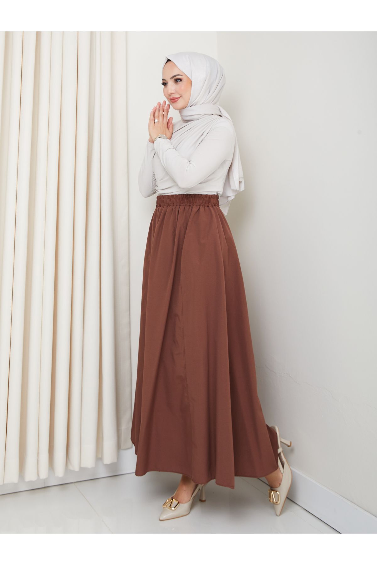 FERHEL-6 Piece Flared Hijab Skirt with Pockets and Elastic Waist 4