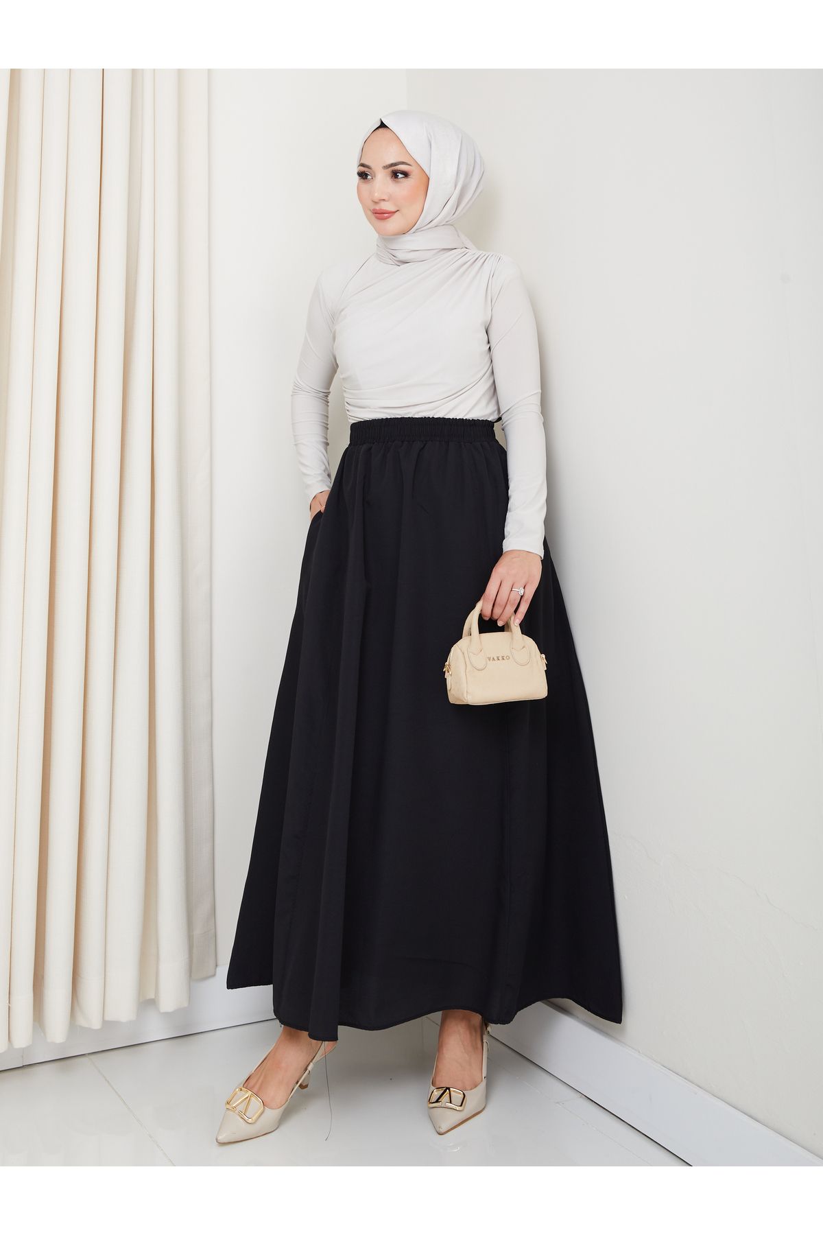 FERHEL-6 Piece Flared Hijab Skirt with Pockets and Elastic Waist 3