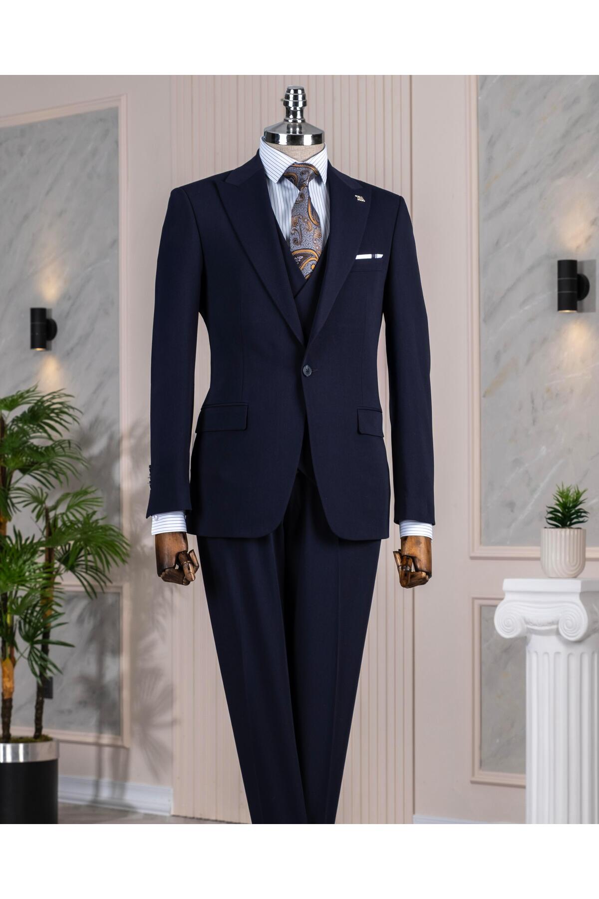 TerziAdemAltun Italian Style Slim Fit Jacket Vest Pantalon Suit Navy Blue T13961