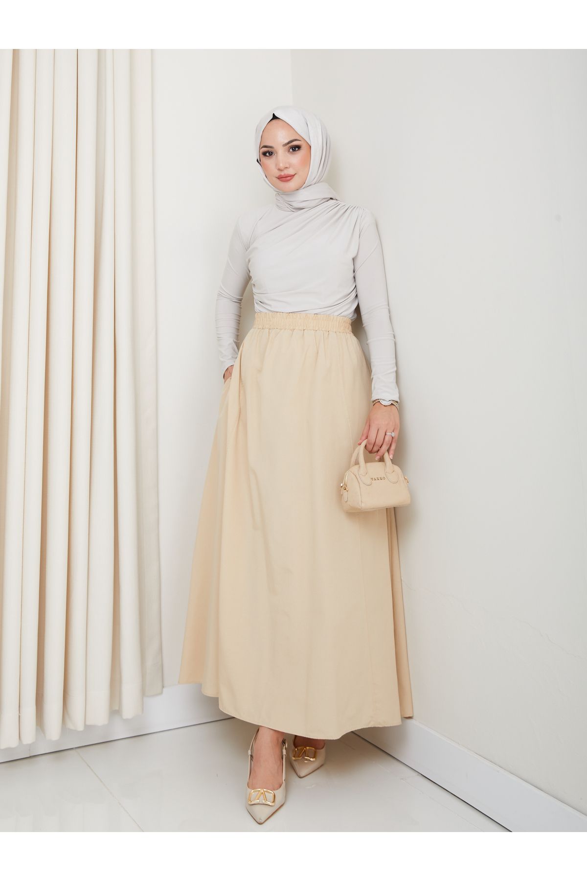 FERHEL-6 Piece Flared Hijab Skirt with Pockets and Elastic Waist 6