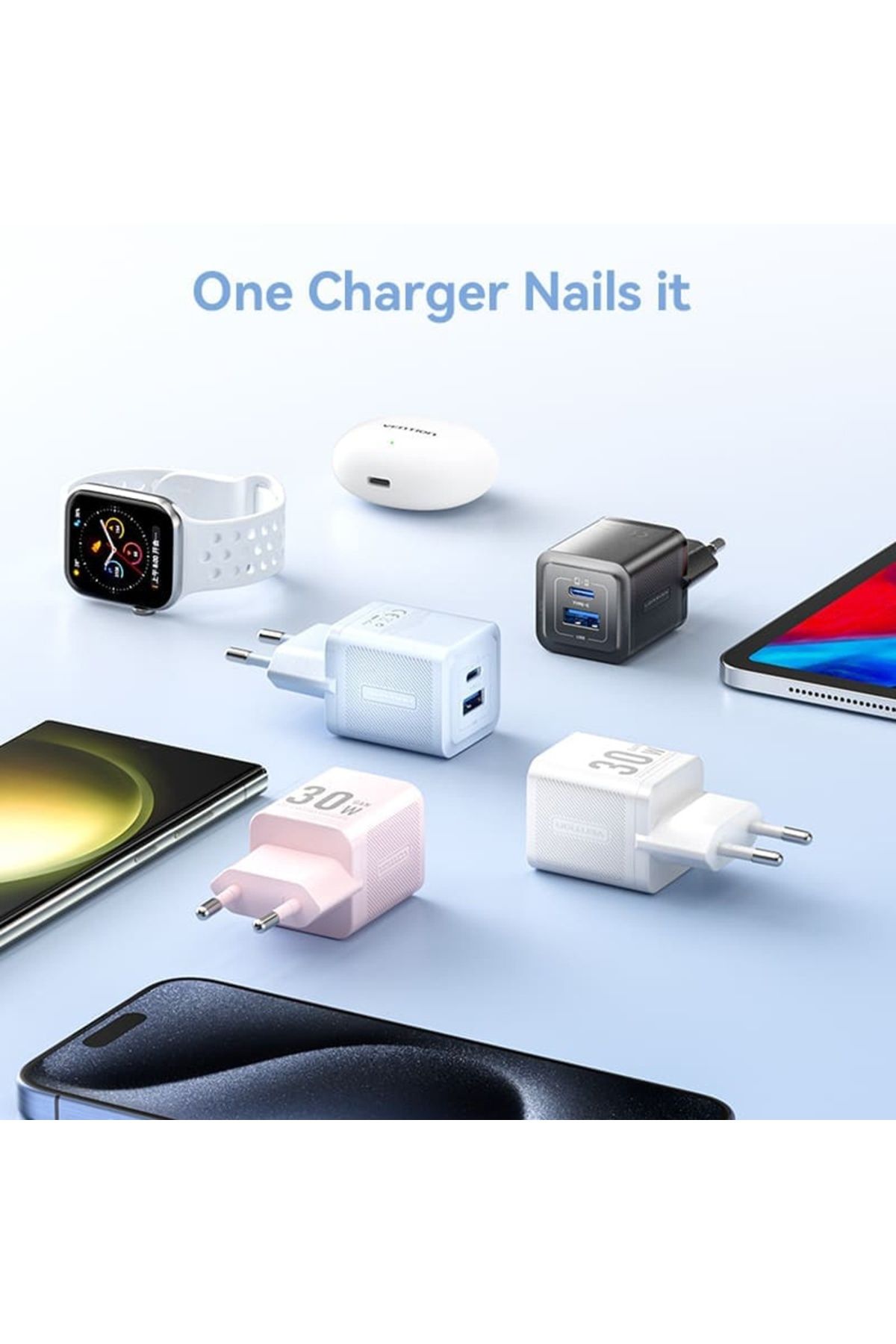 Vention-Încărcător GaN, Tip-C, USB, PD30W, Încărcare rapidă duală - (FEQL0-EU) - Albastru 5