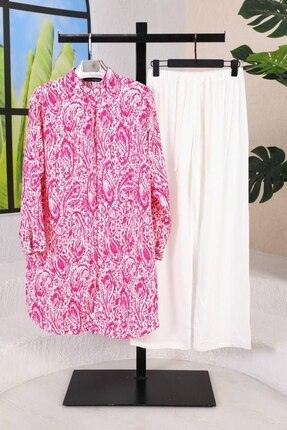Polologin Butik Pembe Etnik Desenli Viskon Tunik