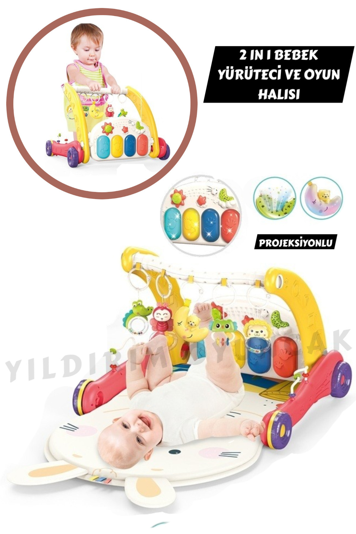 YILDIRIM OYUNCAK Piyanolu 2 in 1 Bebek Yürüteci ve Tavşan Desenli Oyun Halısı Sesli Işıklı 88 cm
