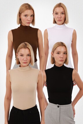 Yade Fashion Kadın Kolsuz Bluz 4’lü Set – Siyah Beyaz Ekru Kahverengi