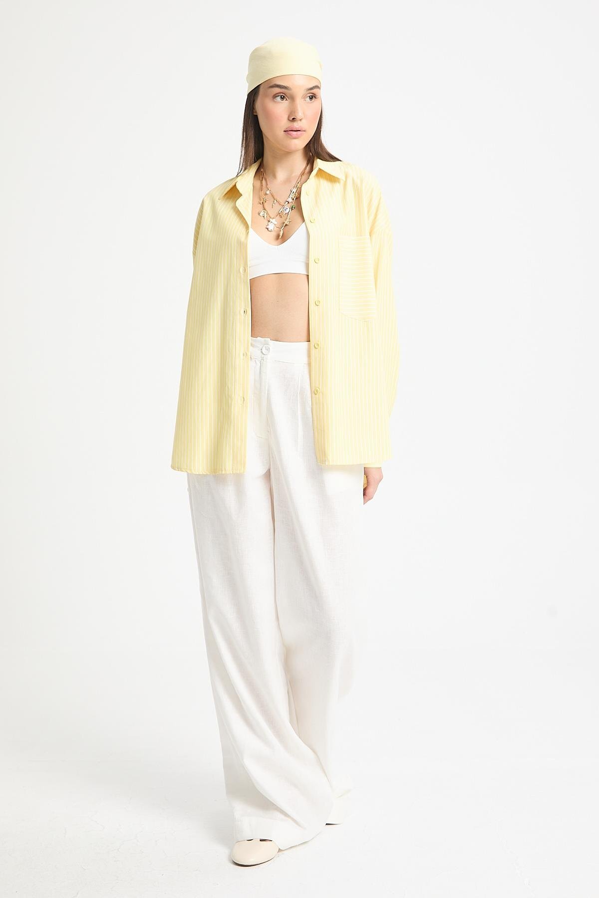 minaaise  Sarı Beyaz Çizgili Oversize Cepli Gömlek 27135 - Görsel 2