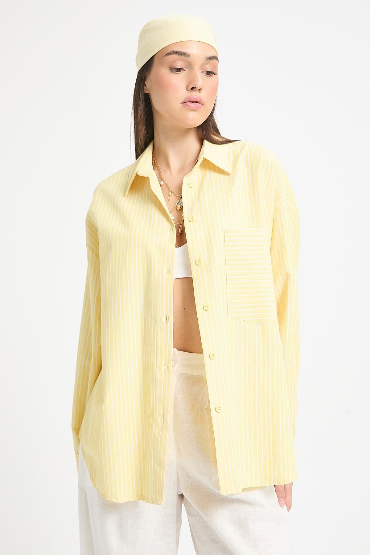 minaaise  Sarı Beyaz Çizgili Oversize Cepli Gömlek 27135