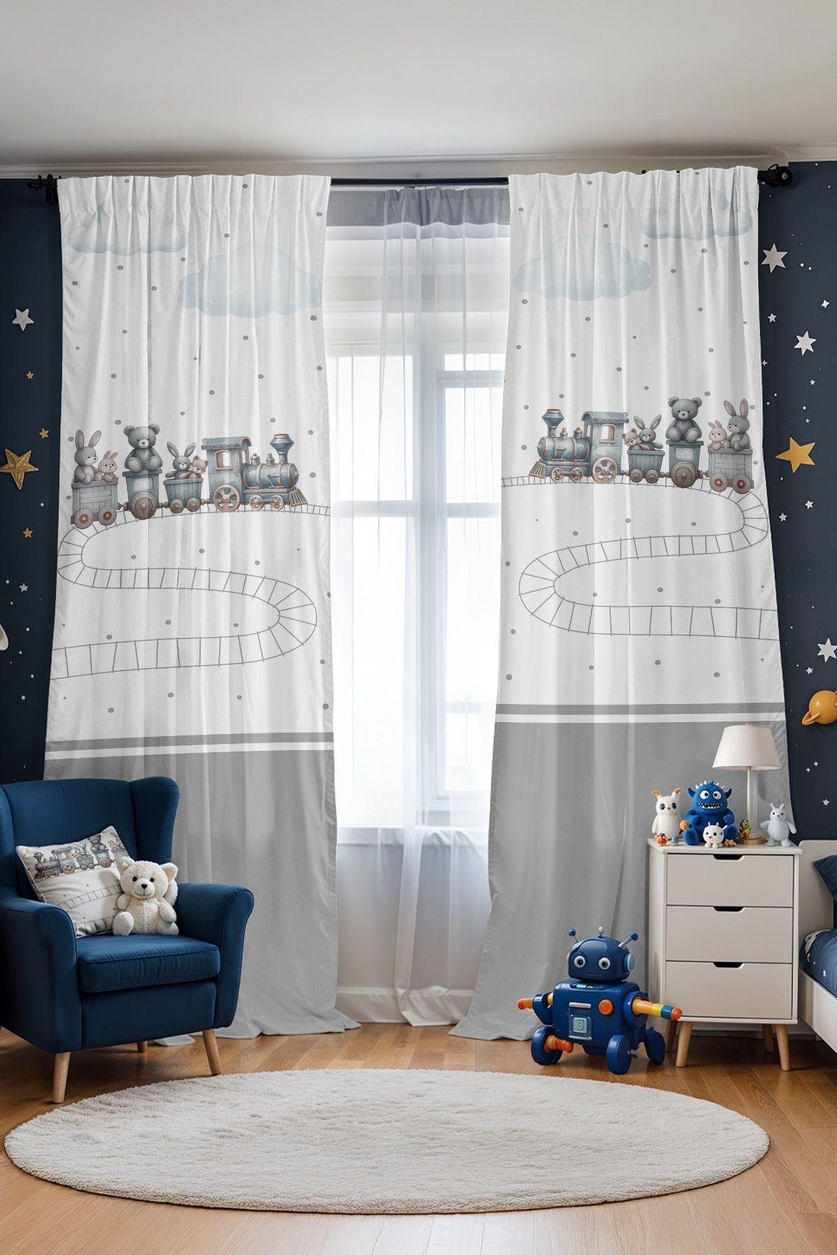 EVPANYA-Traveling Train Patterned Children's Baby Room Background Curtain (Single Wing Pricing) 2