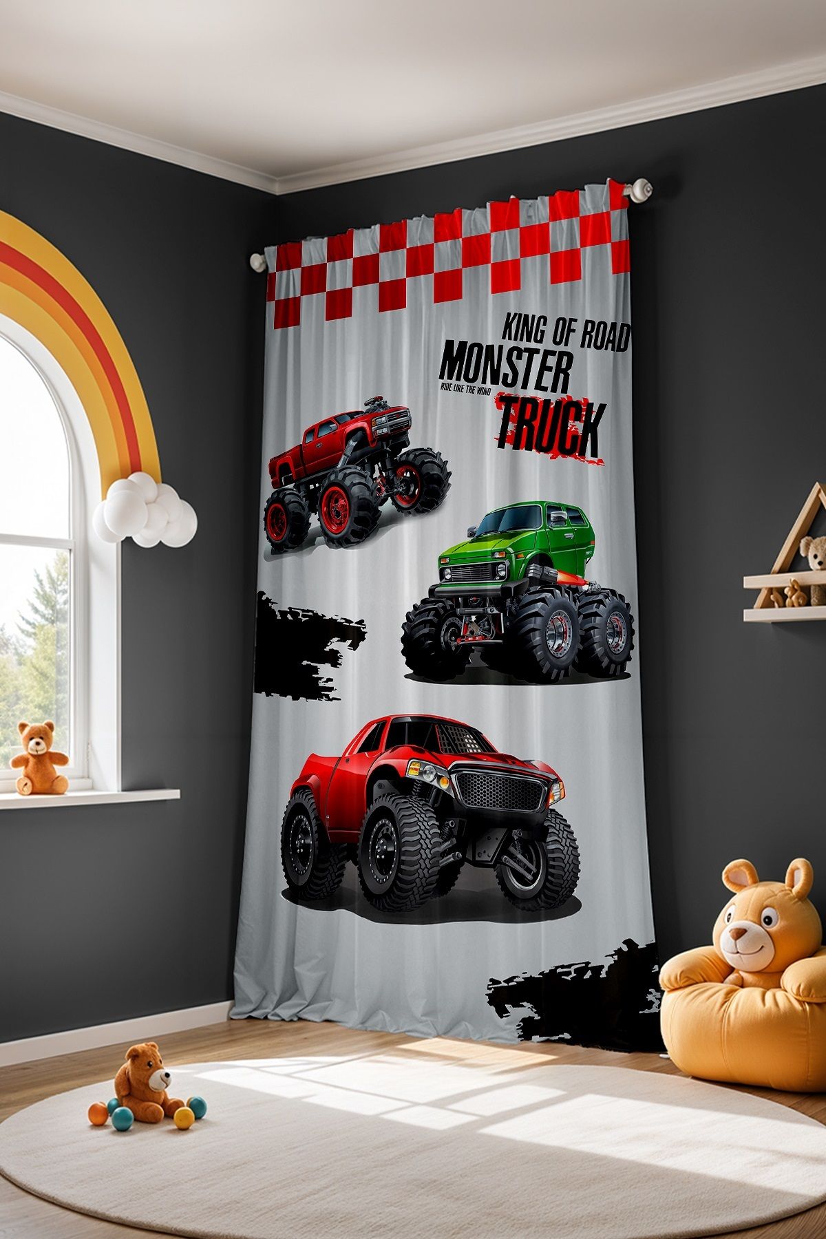 EVPANYA-Red Monster Patterned Children's Baby Room Background Curtain (Single Wing Pricing) 3