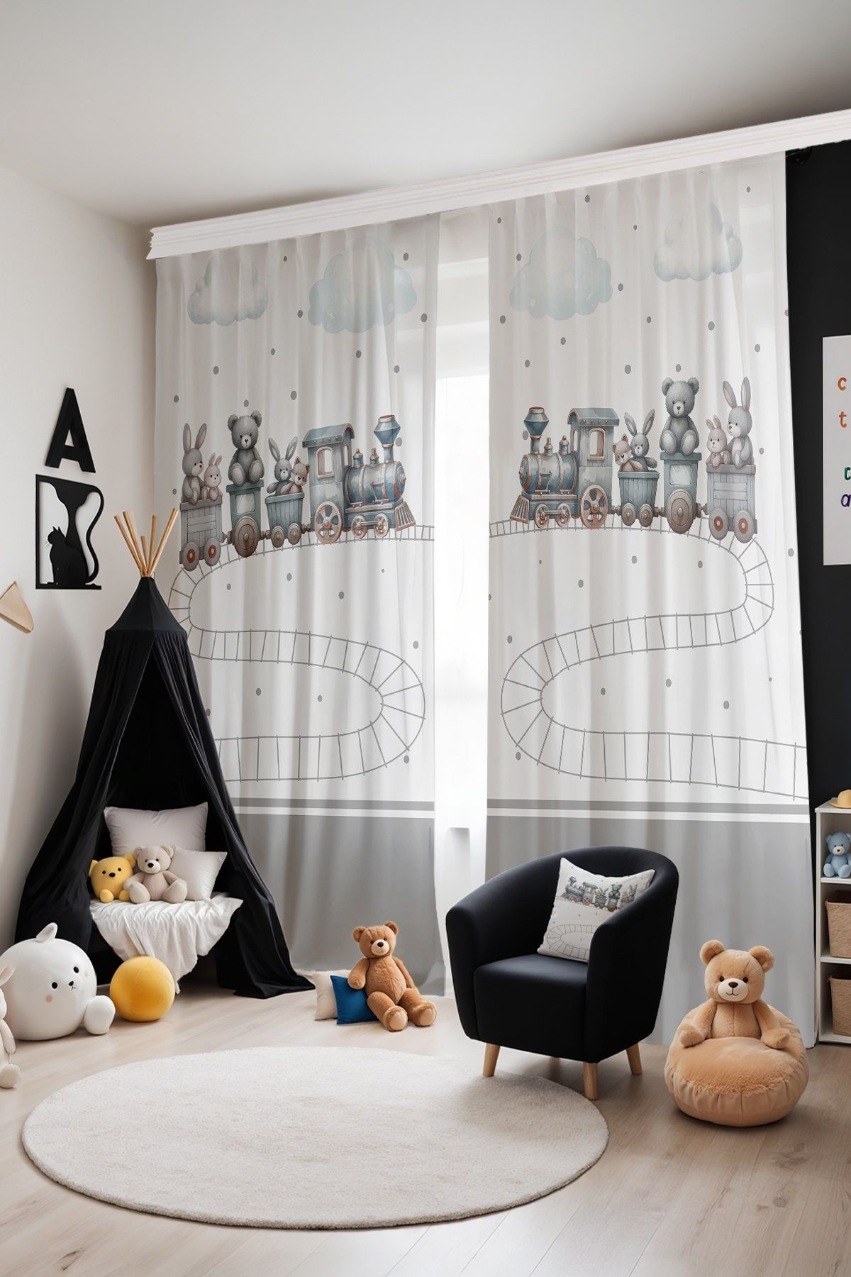 EVPANYA-Traveling Train Patterned Children's Baby Room Background Curtain (Single Wing Pricing) 3