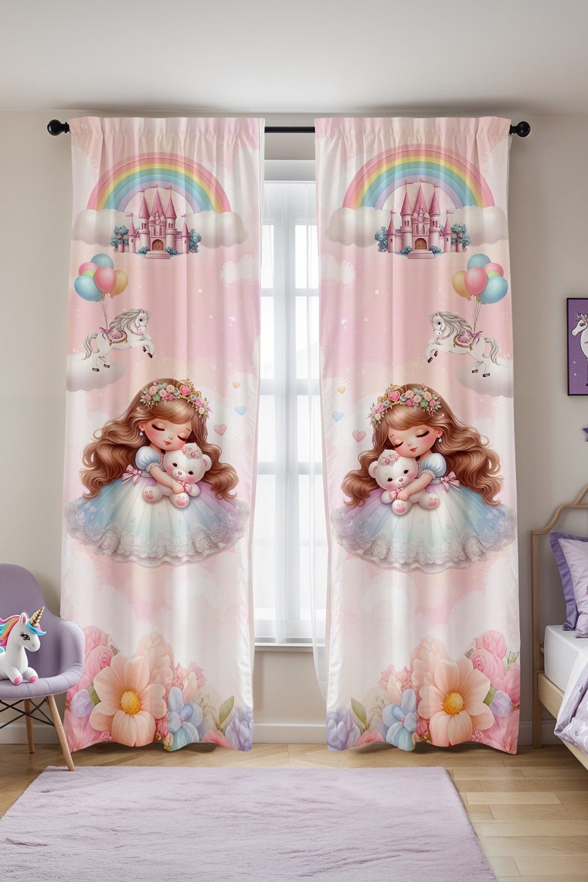 Evpanya Ayıcıklı Prenses Desenli Çocuk Bebek Odası Fon Perde (Tek Kanat Fiyatlandırma) fotoğrafı 3 (önizleme)