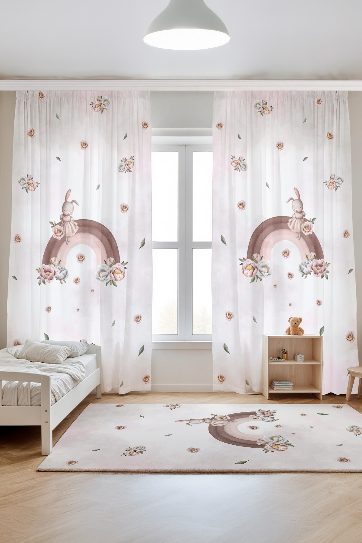 Evpanya Gökkuşağında Çiçekli Tavşan Desenli Çocuk Bebek Odası Fon Perde (Tek Kanat Fiyatlandırma) fotoğrafı 2 (önizleme)