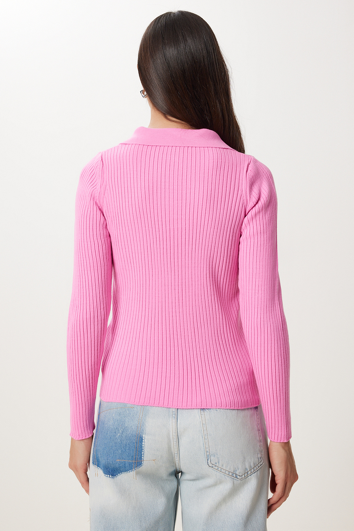 Happiness İstanbul Rosafarbener gerippter Kurz-Strickpullover mit Polokragen für Damen VA00028