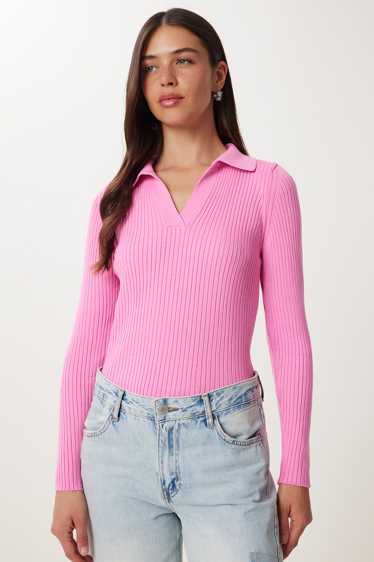 Happiness İstanbul Rosafarbener gerippter Kurz-Strickpullover mit Polokragen für Damen VA00028