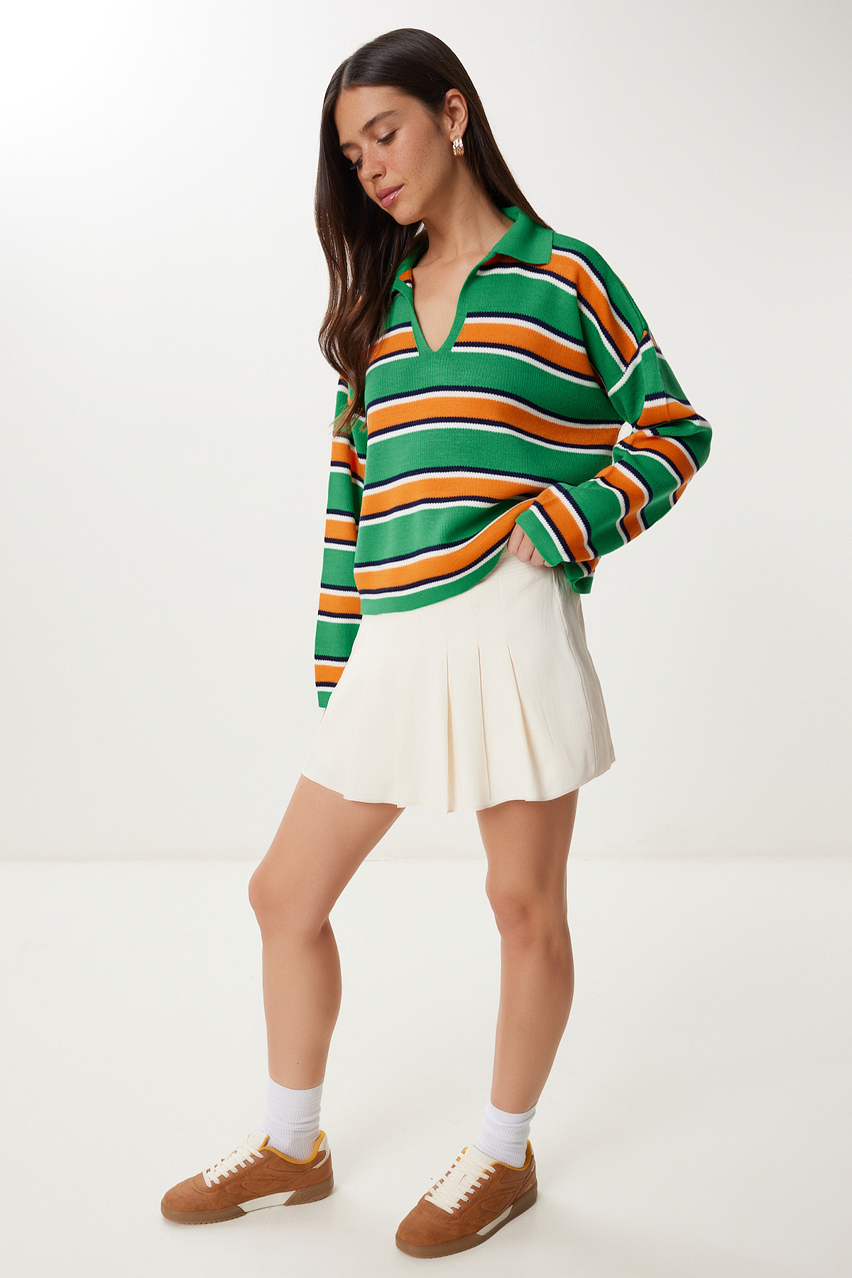 Happiness İstanbul  Kadın Yeşil Oranj Polo Yaka Çizgili Triko Kazak Kİ00145 - Görsel 3