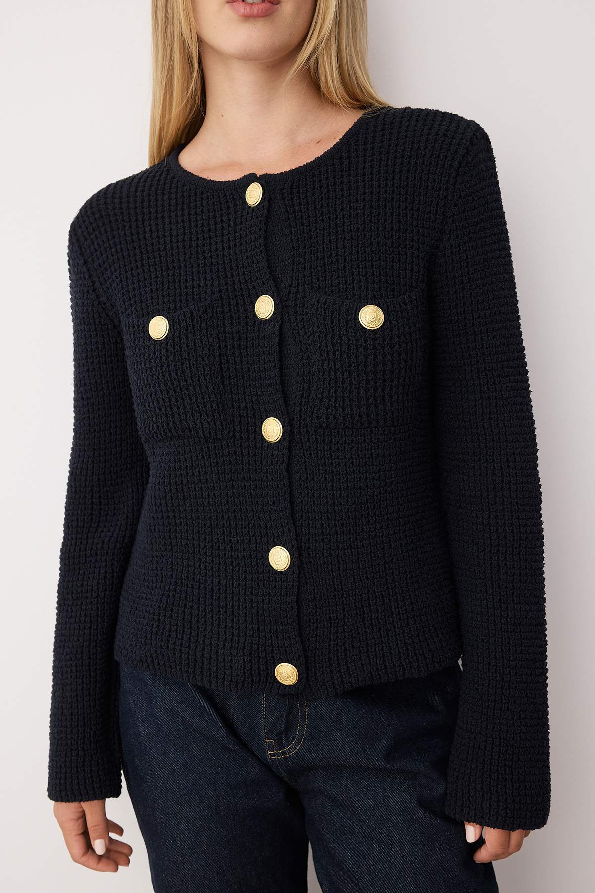 Trendyolmilla  Lacivert Dokulu Pamuk Karışımlı Triko Hırka TWOAW26HI00101 - Görsel 3