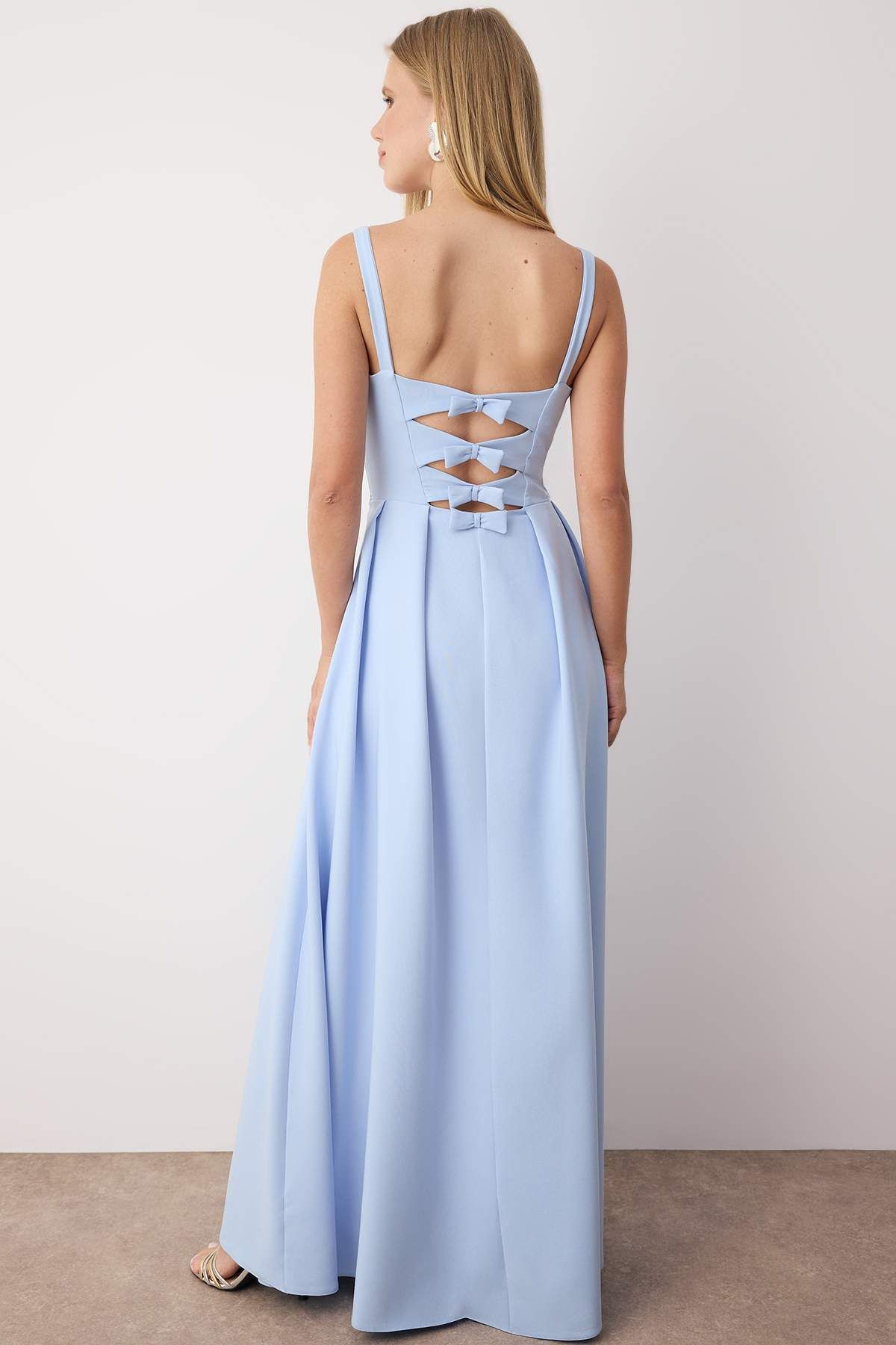 Trendyol Collection-Μπλε γαλάζιο A-Line Φιόγκος στην πλάτη Λεπτομερές υφαντό μακρύ κομψό βραδινό φόρεμα & φόρεμα επιστροφής στο σπίτι TPRSS25AE00020 4