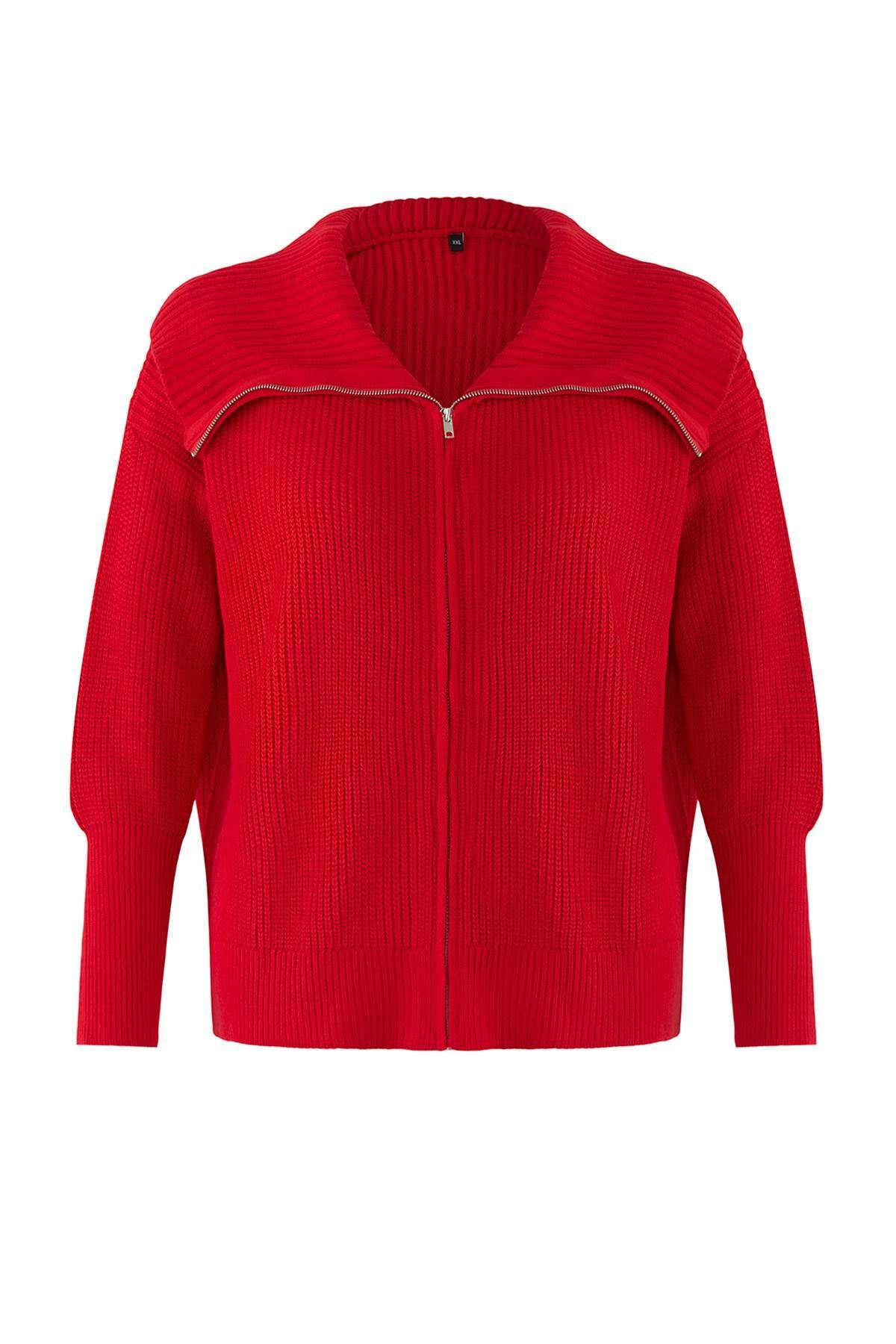 Trendyol Curve-Red Turn-Down Collar Zipper Crop Knitwear Cardigan Tbbaw25Av00009 5
