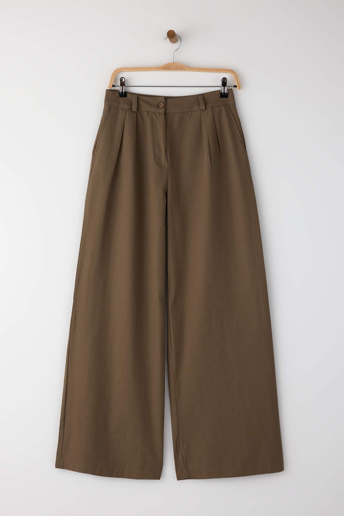 Trendyolmilla  Kahverengi İnce Dökümlü Yumuşak Tuşeli %100 Pamuk Wide Leg/Geniş Paça Pantolon TWOAW26PL00010 - Görsel 5