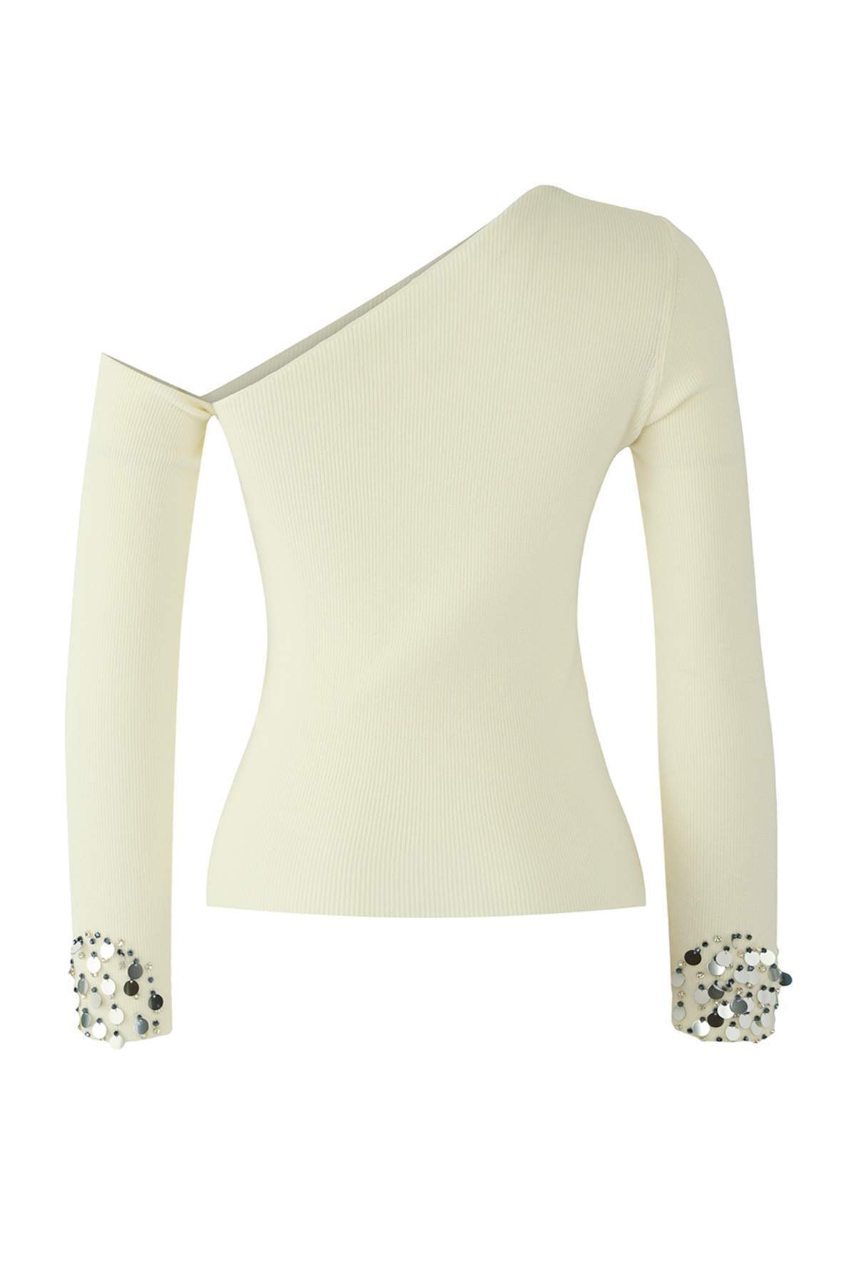 Trendyolmilla  Ekru Premium İplik/Özel İplik Asimetrik Yaka Kol Ucu Payetli Triko Kazak TWOAW26KZ00020 - Görsel 7