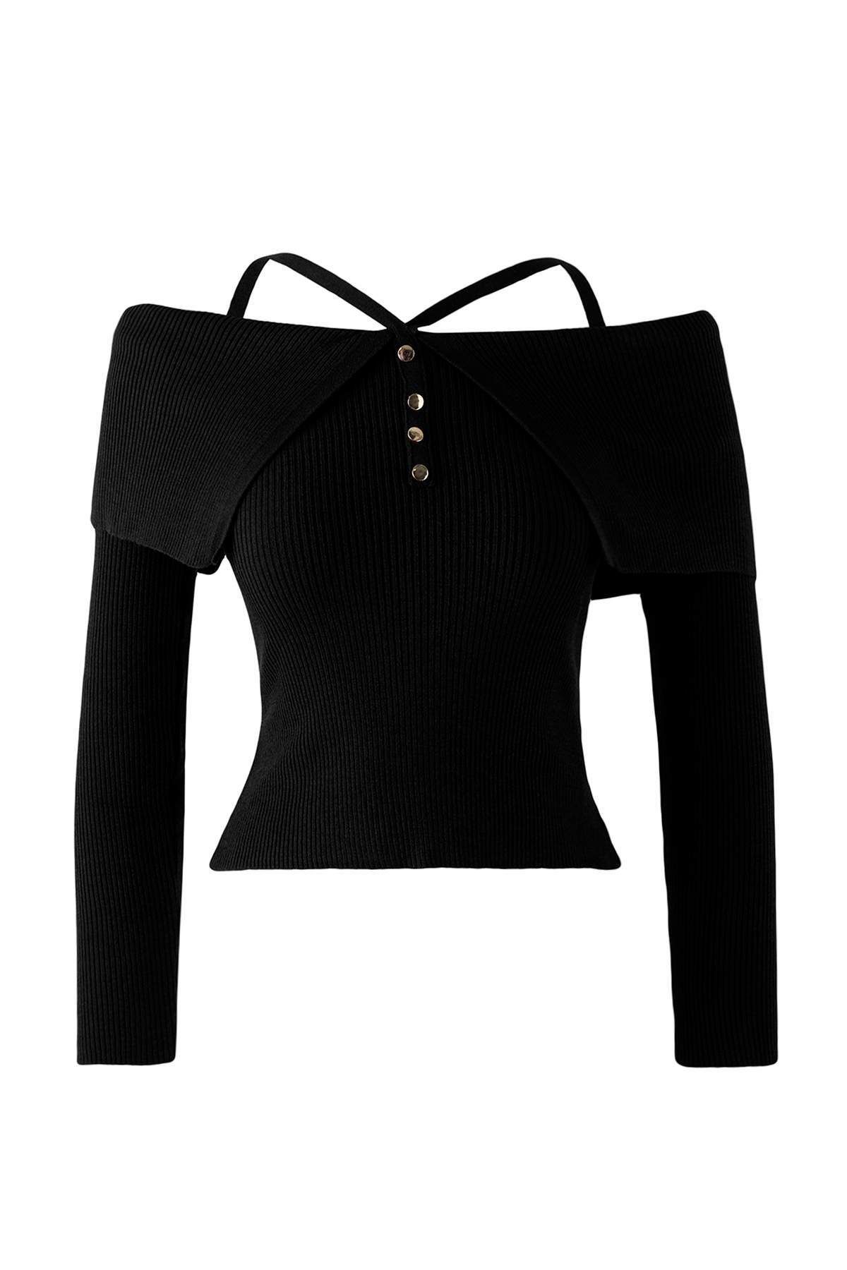 Trendyol Collection-Black Premium Yarn/Special Yarn Carmen Neck Strap Knitwear Sweater Twoaw26Kz00076 1