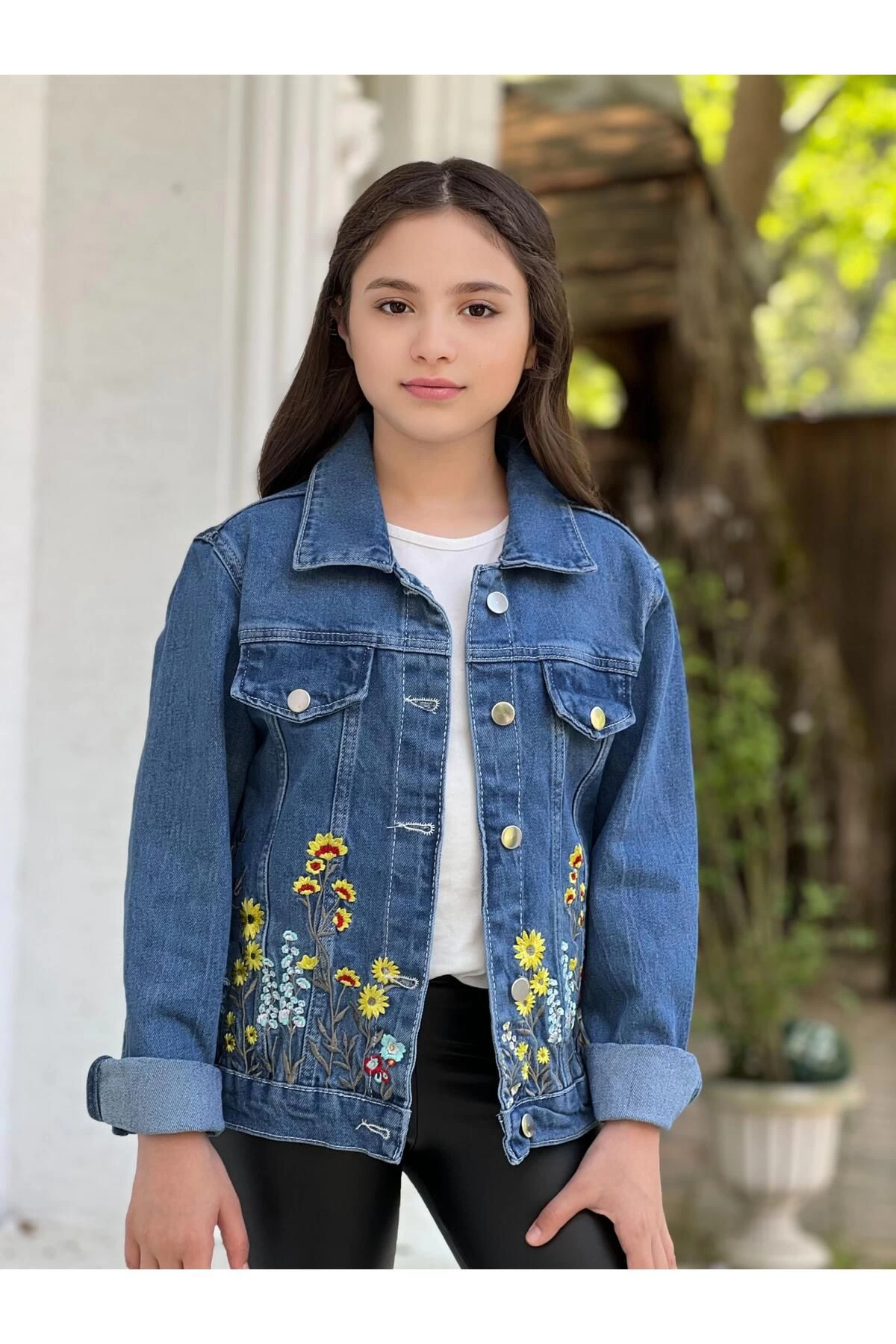 DUDOR KİDS  Kız Çocuk Çiçek Nakışlı Kot Ceket-jeans Ceket/kot Mont-jeans Mont - Görsel 3