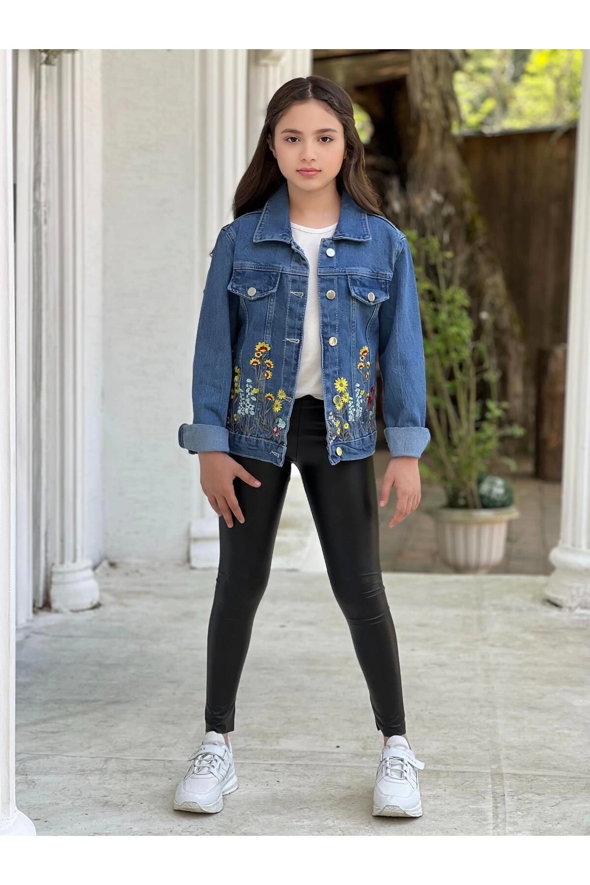 DUDOR KİDS  Kız Çocuk Çiçek Nakışlı Kot Ceket-jeans Ceket/kot Mont-jeans Mont - Görsel 5