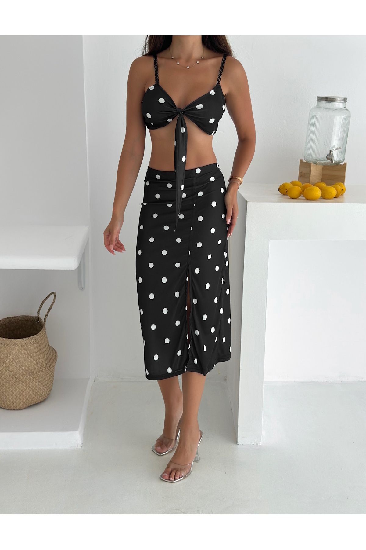 YUSUF CAN KARATAŞ KARATAŞ GİYİM-Women's Patterned Lycra Fabric Strap Front Tie Crop and Slit Midi Skirt Set 3