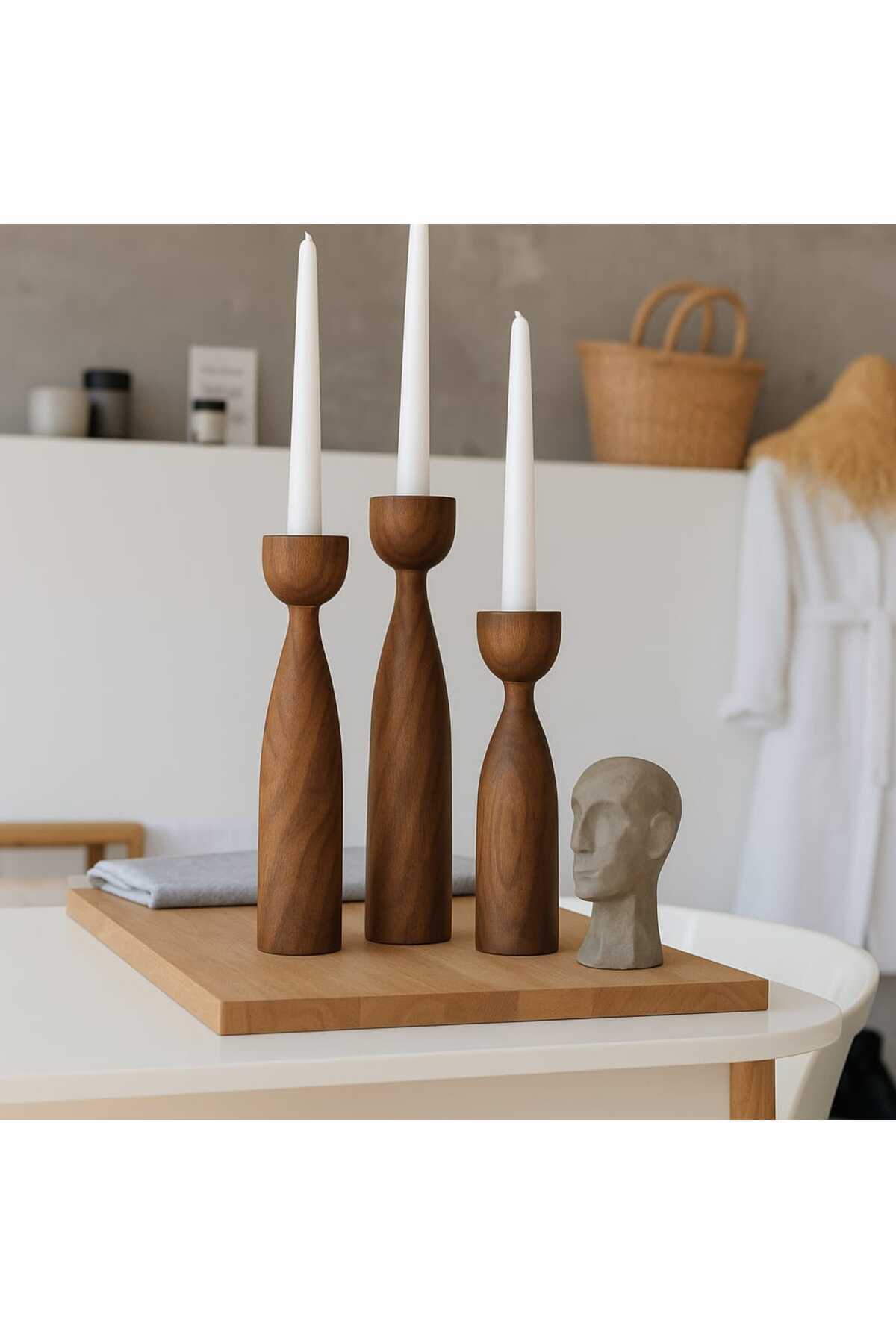 mebaconcept Doğal Ahşap Kahve Şamdan Seti 20cm & 17.5cm & 15cm , El Yapımı, Rustik Dekoratif 3'lü Mumluk Modern