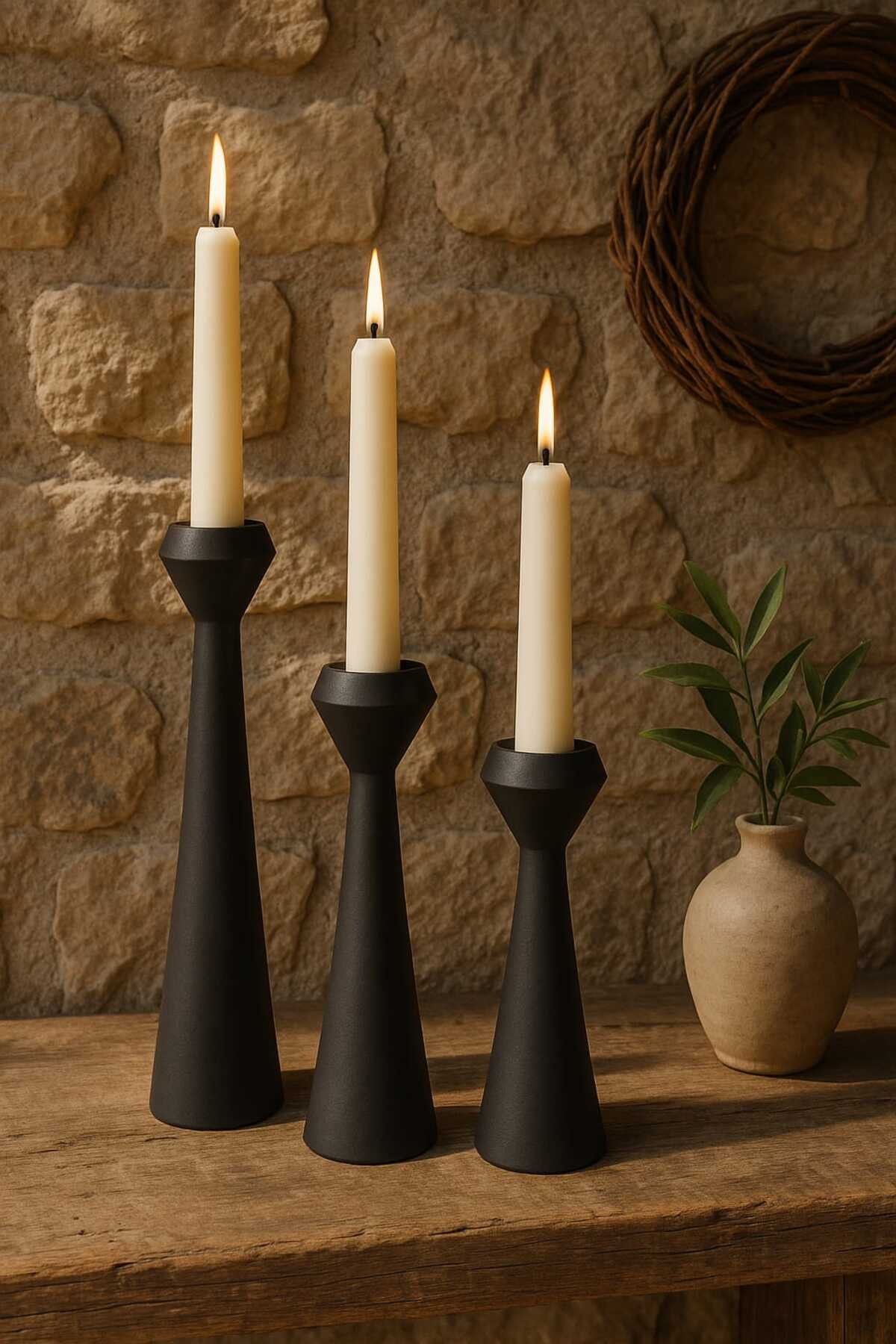 ست شمعدان چوبی طبیعی 20cm و 17.5cm و 15cm، دست‌ساز، دکوری روستیک، 3 عددی
