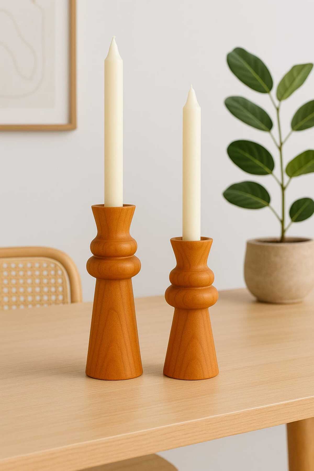 Handmade TEAK Color Wooden Candlestick Set (2pcs) – 15cm & 12.5cm – Rustic Decorative Candle Holder