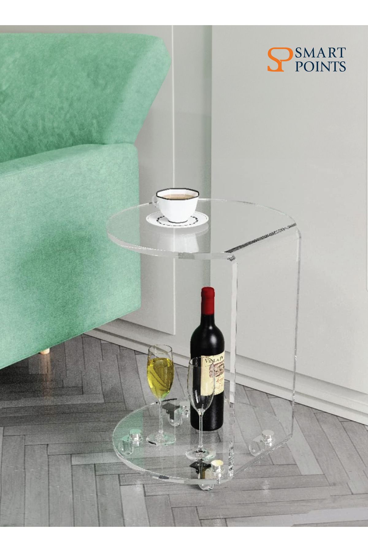 SMARTPOINTS-C-Shaped Round Acrylic Side Sofa Table on Wheels, Clear Rolling Decoration Table for Liv 2