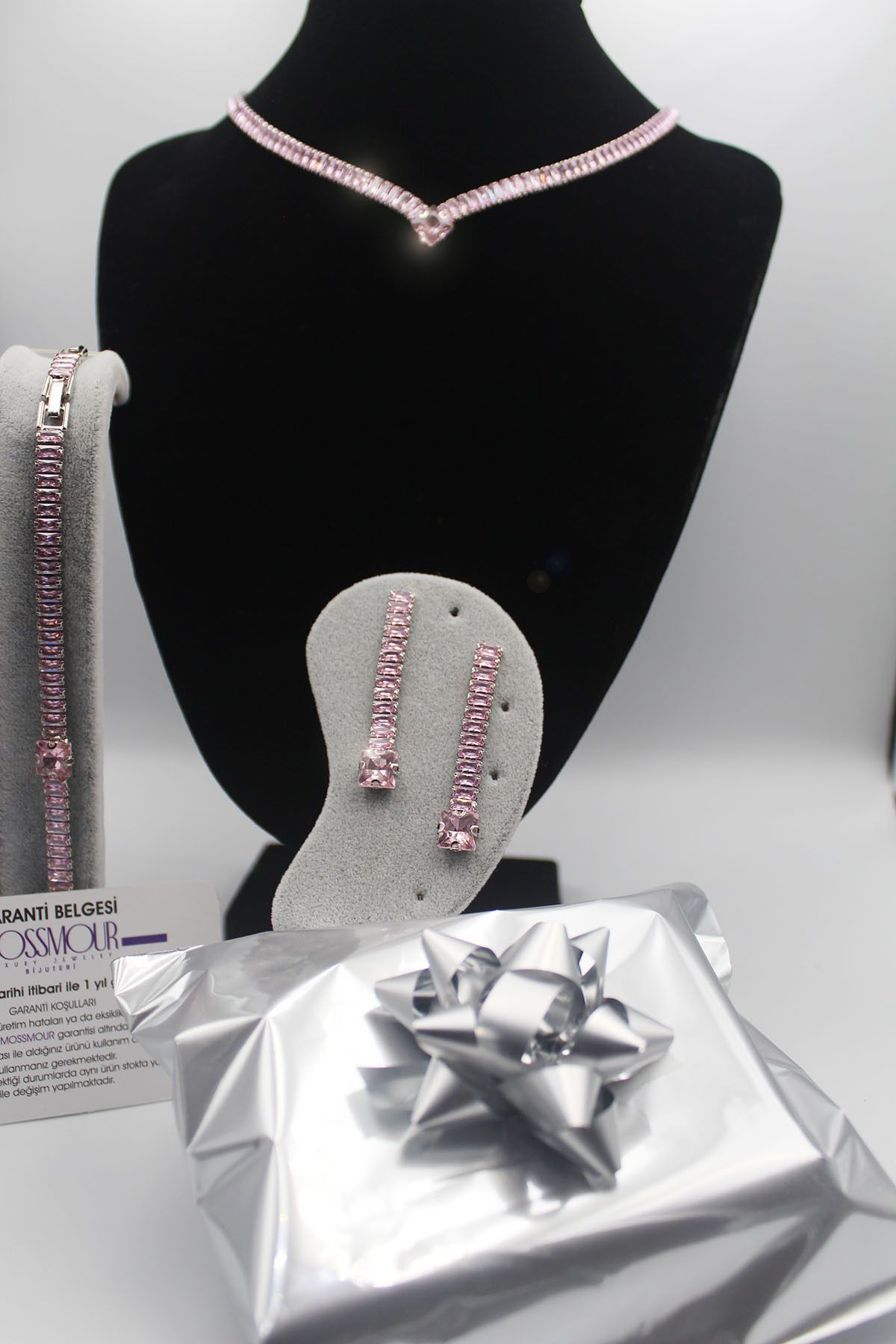MOSSMOUR-Pink Stone Waterway Zircon Necklace Bracelet Earrings Special Occasion Jewelry Set 2