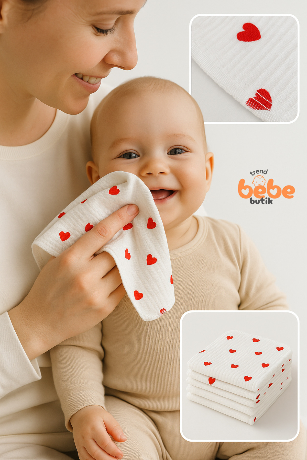 Trend Bebe Butik 7’li Kalp Desenli %100 Pamuk Ribana Bebek Ağız Mendili Yumuşak & Emici Ağız Bezi Seti 20x20 cm