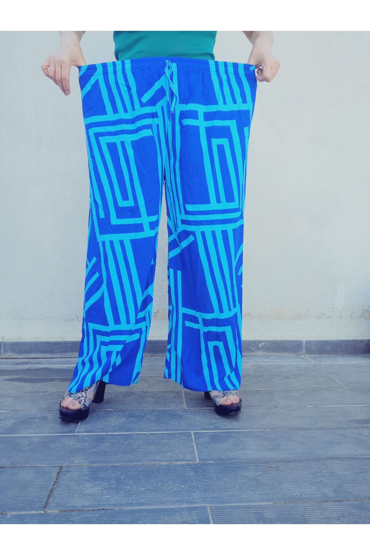 hoaryage-Ethnic Patterned 100% Cotton Viscose Pressed Trousers with Elastic Waist36-44Sizes 4
