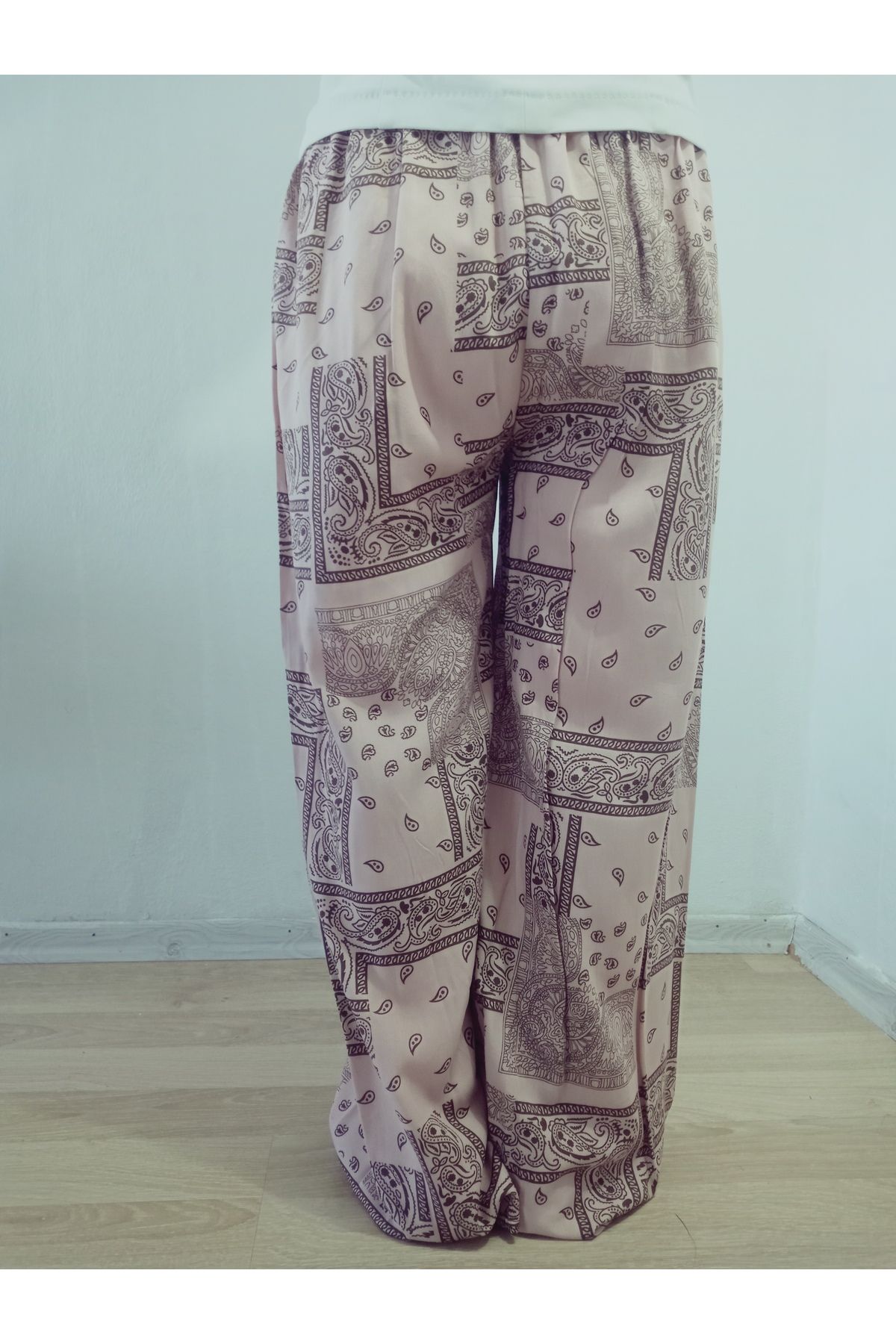 hoaryage-Ethnic Patterned 100% Cotton Viscose Pressed Trousers with Elastic Waist36-42Size 3