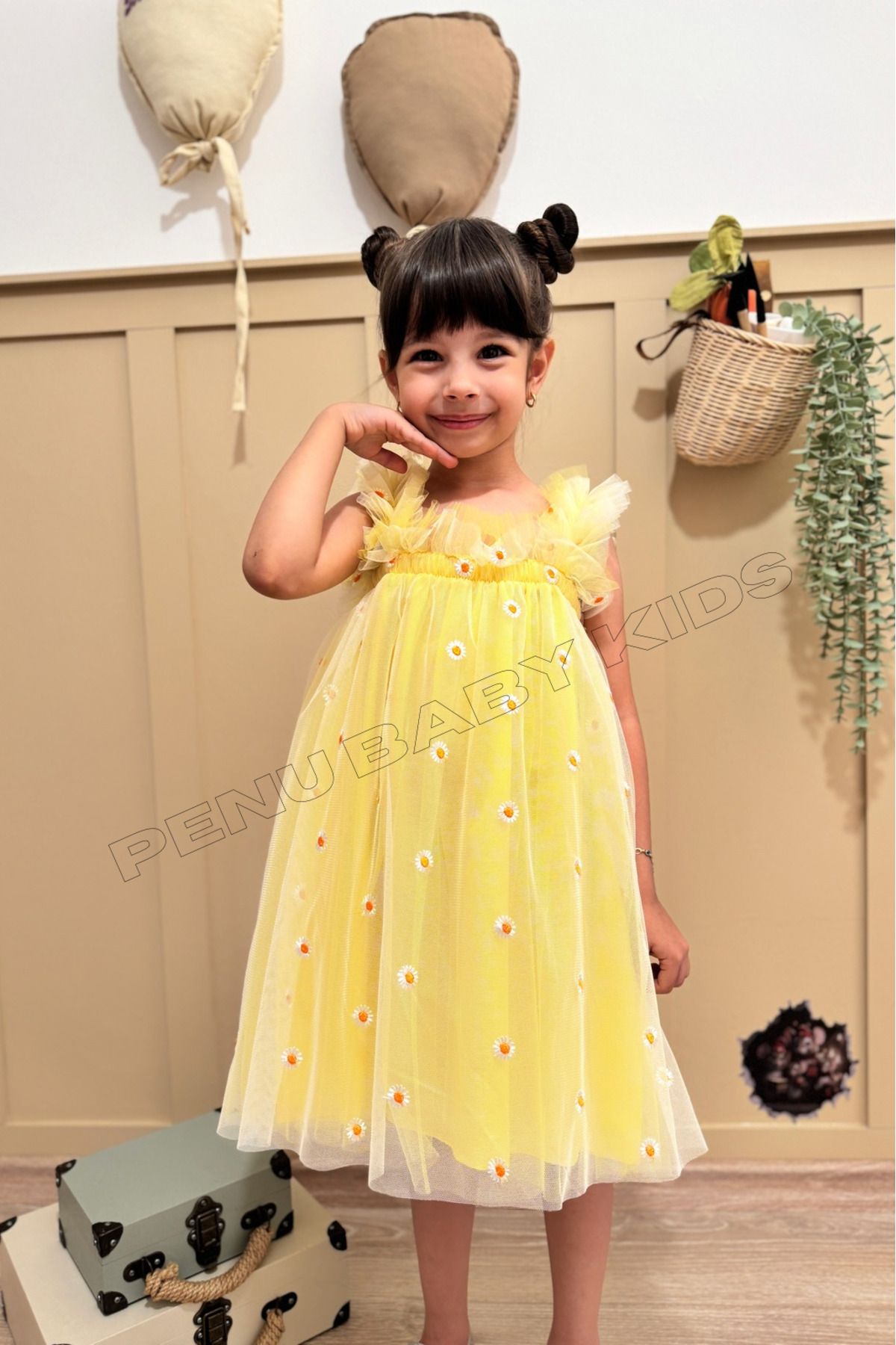 penu baby kids Sarı Nakış Papatya Işlemeli Askılı Kız Bebek & Kız Çocuk Elbise - Margarita fotoğrafı 7 (önizleme)