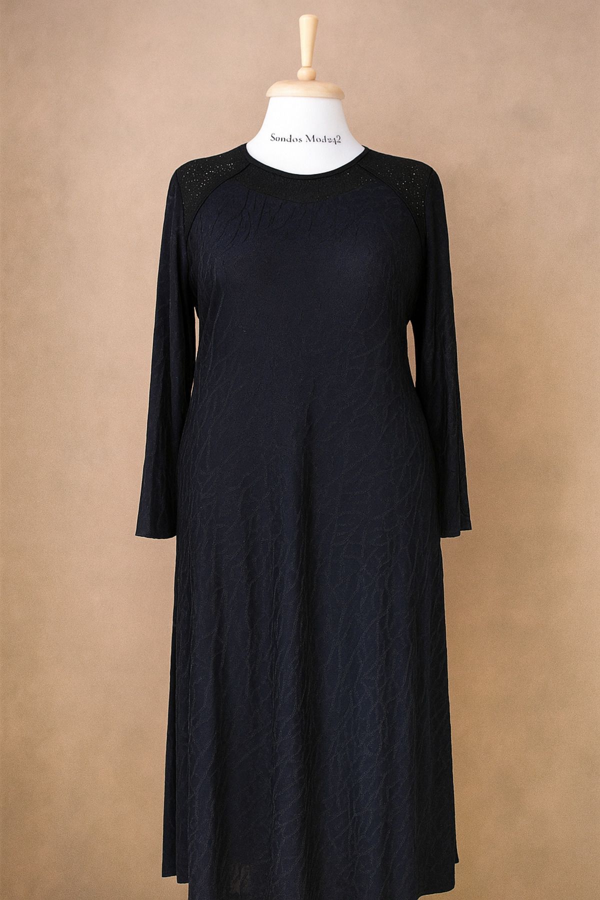 HESNA-Μπλε Navy Plus Size Μοτίβο Άνετο Μητρικό Φόρεμα με Πέτο 1